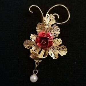 Vintage Red Rose Brooch with Faux Pearl Dangle